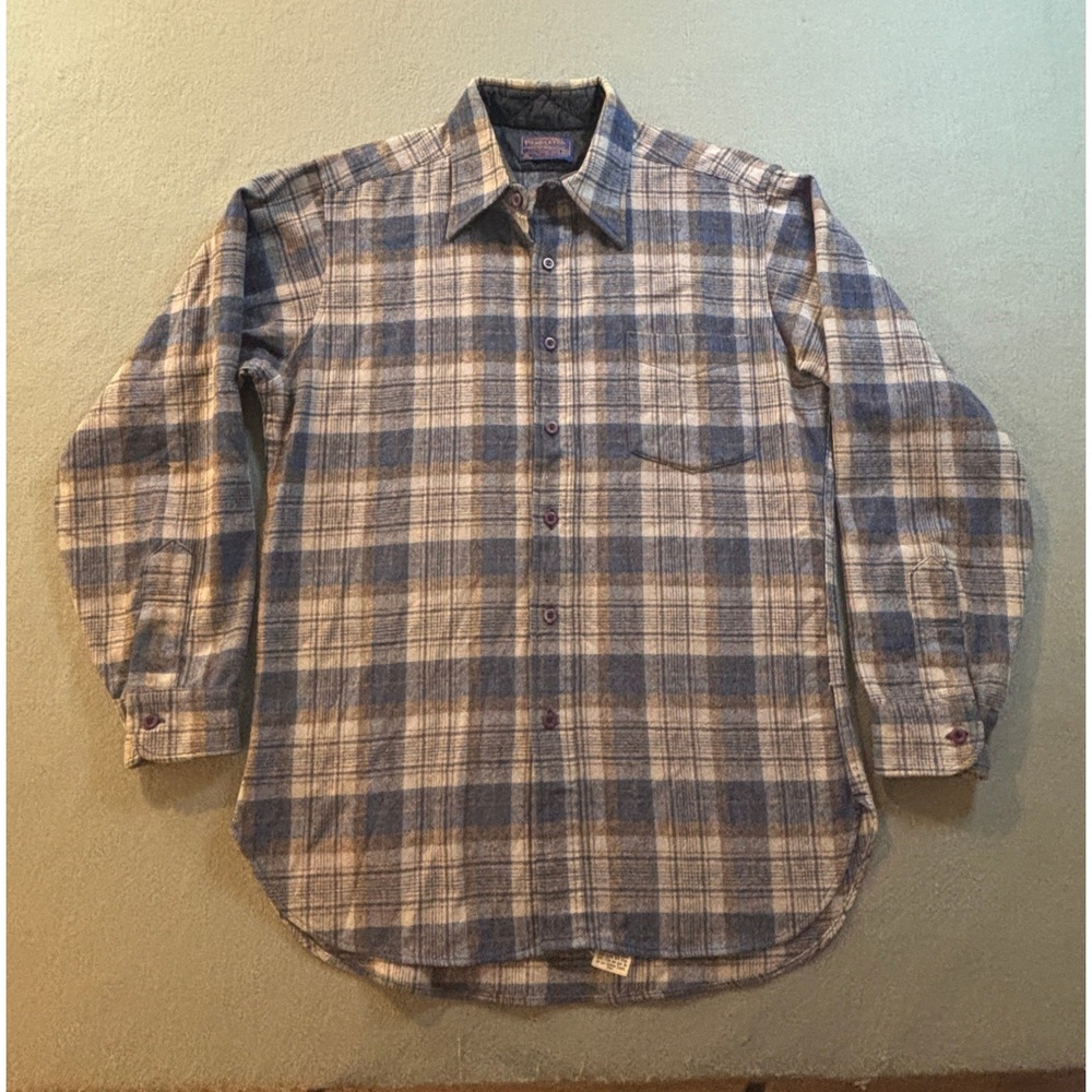 VTG 70s Pendleton Wool Flannel Shirt Mens M Blue Grey Plaid USA Outdoor